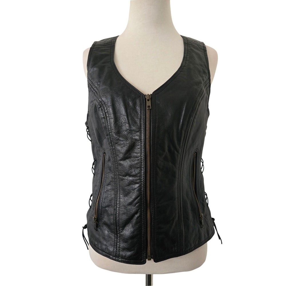 Ruja Womens Black Leather Motorcycle Vest Side Lace Zip Up Biker Moto Small